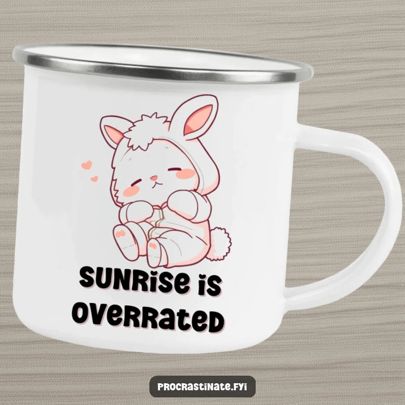 Funny bunny in pajamas stretching lazily, depicted on a rugged camping mug, perfect for outdoor adventures.