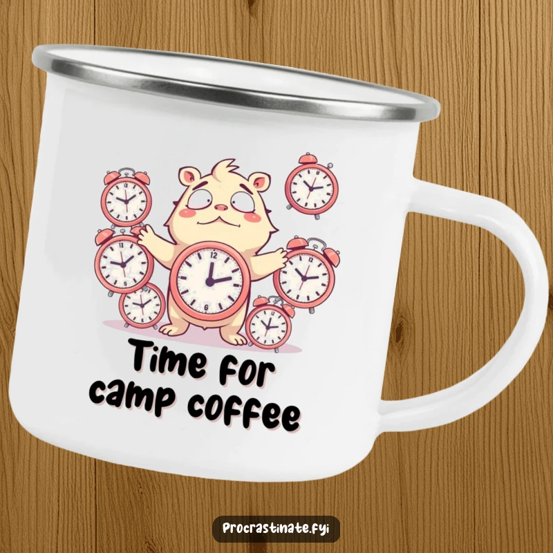 Funny Camping Mug displaying a creature comically juggling alarm clocks, ready for outdoor adventures amidst a busy schedule.