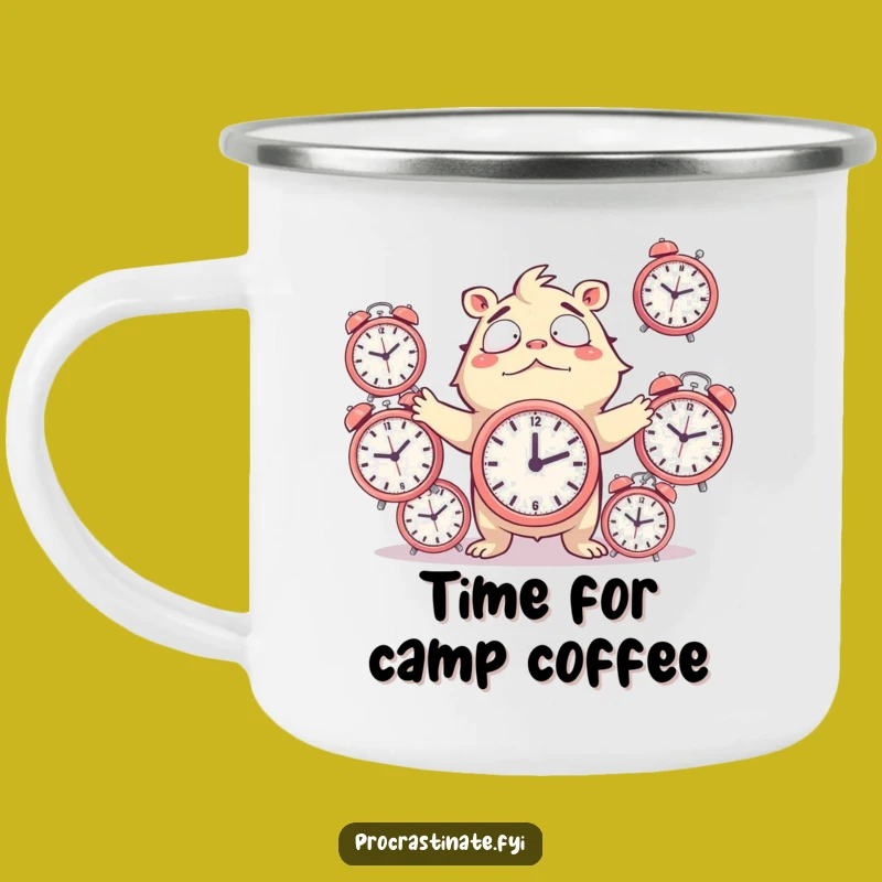 Funny Juggling Clocks Camping Mug: Chaotic Creature, Durable & Hilarious Outdoor Gift