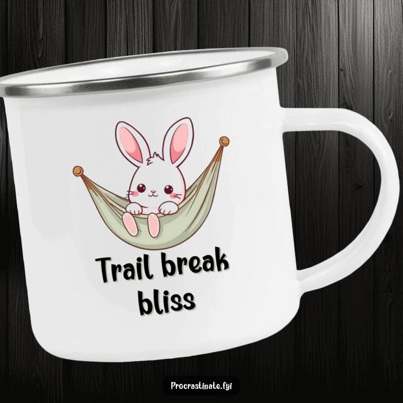 Funny kawaii rabbit relaxing in a hammock, a durable and cute camping mug for adventurers.
