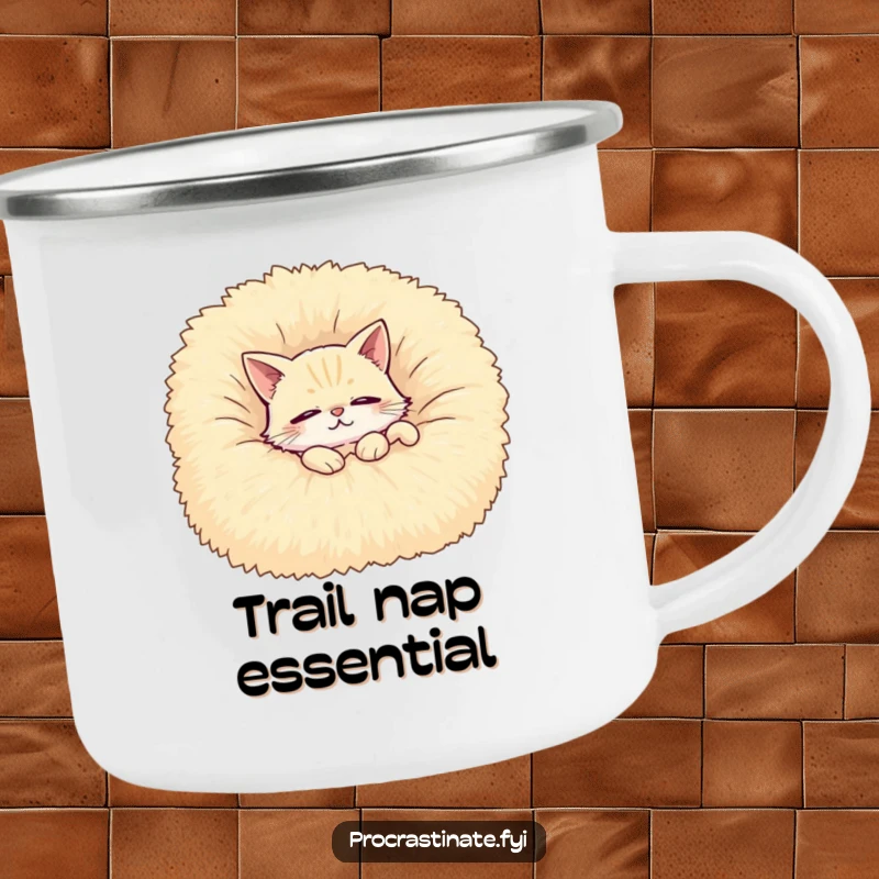 Funny camping mug with a contented cat lounging on a giant fluffy blanket, perfect for enjoying drinks outdoors.