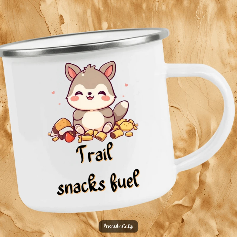 Funny camping mug with a satisfied animal character grinning amid snack wrappers, ready for outdoor refreshment.