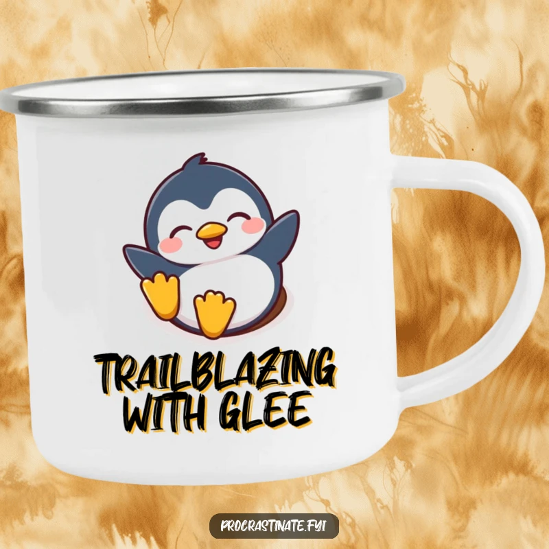 Funny camping mug depicting a happy penguin character sliding down a snowy slope with eyes closed, perfect for outdoor fun.