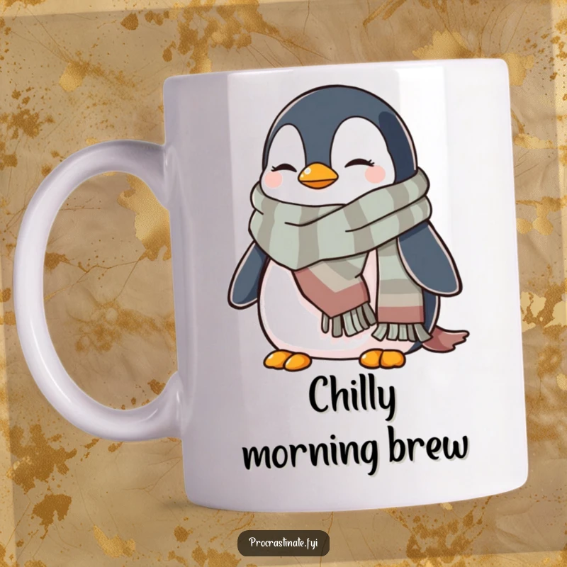 Funny penguin mug featuring a cozy penguin wrapped in a warm scarf, looking perfectly relaxed and winter-ready.