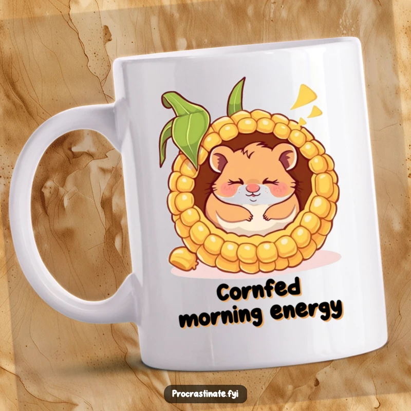 Funny mug with a happy hamster sleeping inside a giant corn cob, smiling in its dream, exuding pure joy and comfort.