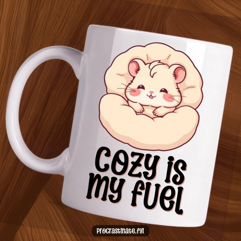 Funny hamster mug with a content hamster burrowed deep within a pile of fluffy pillows, a cozy and humorous design.