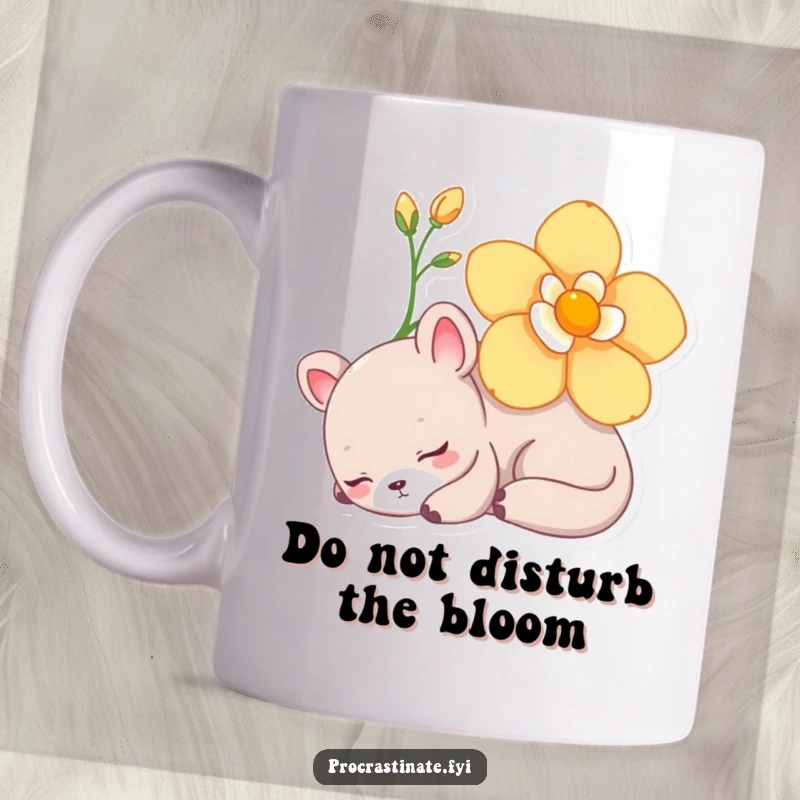Funny Mug with a lazy animal character peacefully napping beneath a vibrant, blooming flower, symbolizing ultimate relaxation.