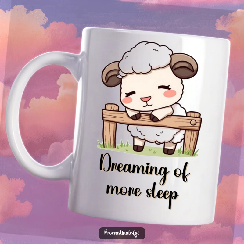 Funny kawaii sheep mug featuring a cute sheep gently nodding off while leaning on a fence, exuding peace and tranquility.