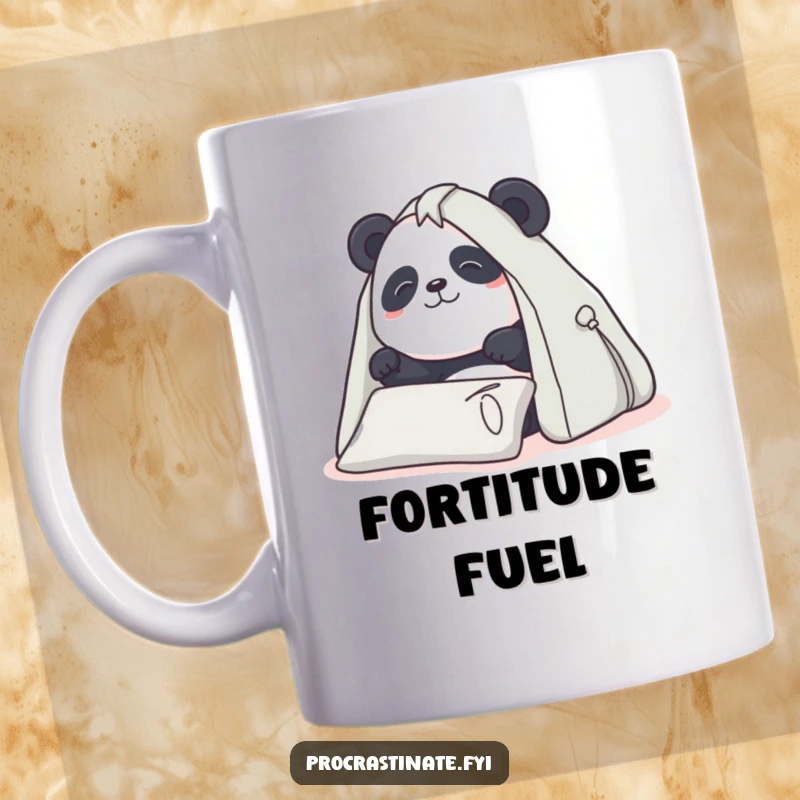 Funny Panda Mug: Determined panda building a pillow fort, enthusiastic construction, ideal for cozy moments, perfect funny gift.