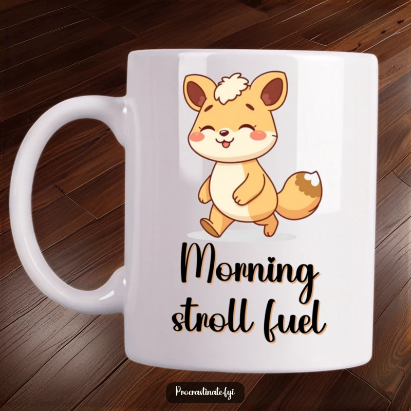 Funny animal character mug showing a smiling creature enjoying a leisurely stroll with a relaxed gait, embodying peace and joy.