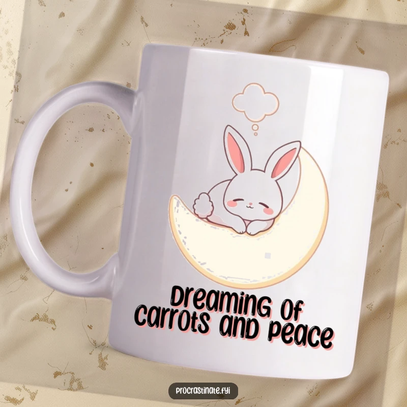 Funny bunny moon mug with a smiling bunny sleeping peacefully on a soft moon, adorned with a delightful dream bubble above.