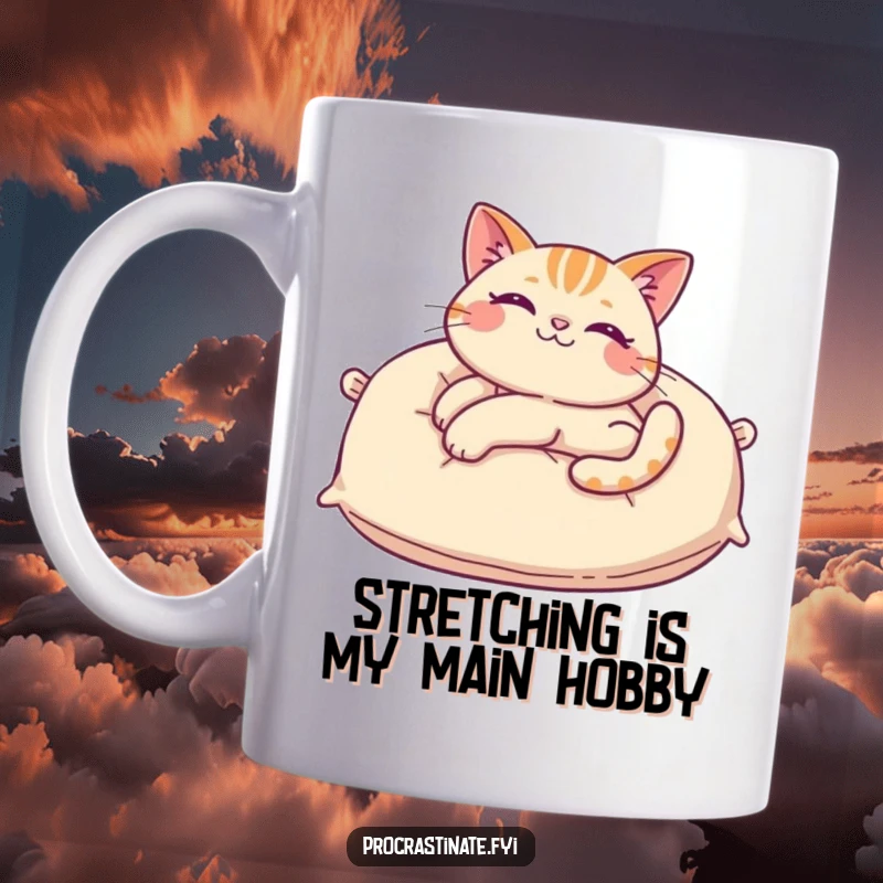 Funny cat mug featuring a cheerful cat luxuriously stretching on a giant fluffy pillow, embodying ultimate relaxation and morning joy.