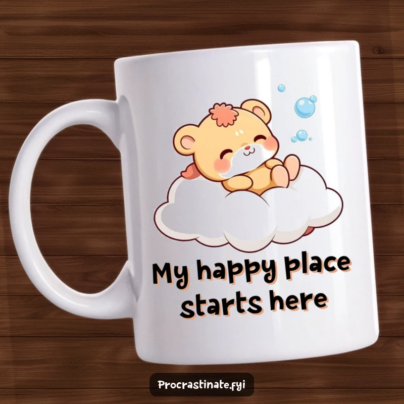 Funny Mug featuring a cute animal character blissfully lounging on a fluffy cloud, joyfully blowing iridescent bubbles, spreading smiles.