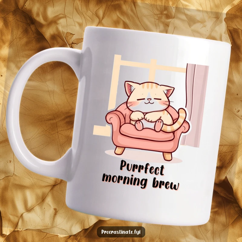 Funny content cat character purring while napping peacefully on a cushioned chair, a cozy mug for cat lovers.