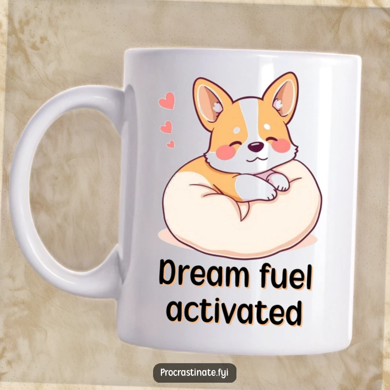 Funny happy corgi curled up on a plush pillow, dreaming sweetly, printed on a delightful mug.