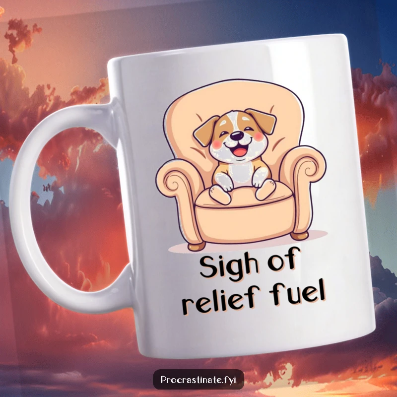 Funny mug showing a cheerful dog sighing happily while sinking into a giant, comfy armchair, embodying ultimate relaxation.