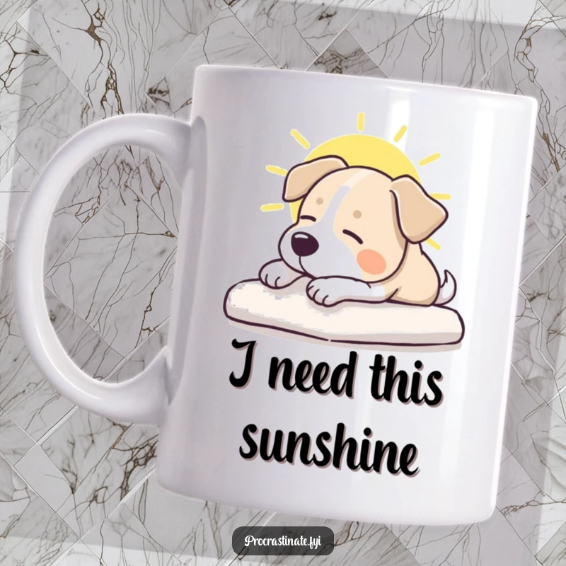 Funny dog mug featuring a placid canine stretching luxuriously in a warm sunbeam, embodying pure relaxation and joy.