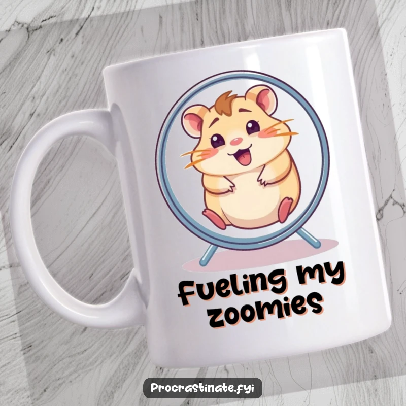 Funny hamster mug showing a cheerful, dazed hamster spinning wildly inside its wheel, radiating pure, unadulterated joy.