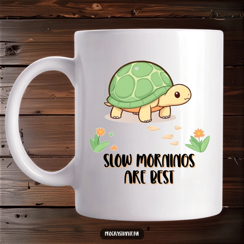 Funny kawaii turtle mug showing a cute turtle slowly inching along a path, embodying patience and serene determination.