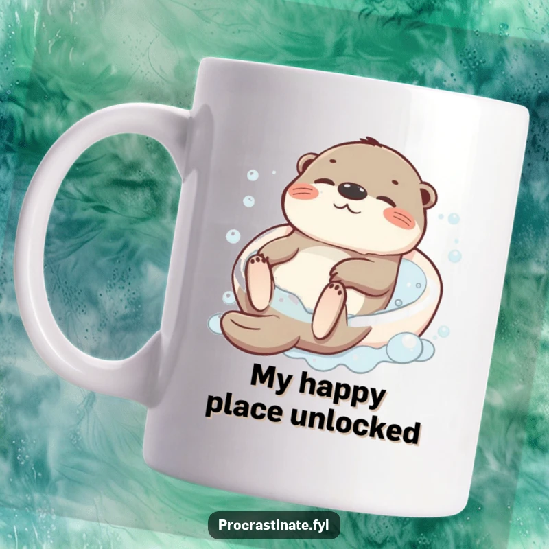 Funny bath mug with a relaxed otter character floating joyfully on its back in a bubbly tub, radiating pure bliss.