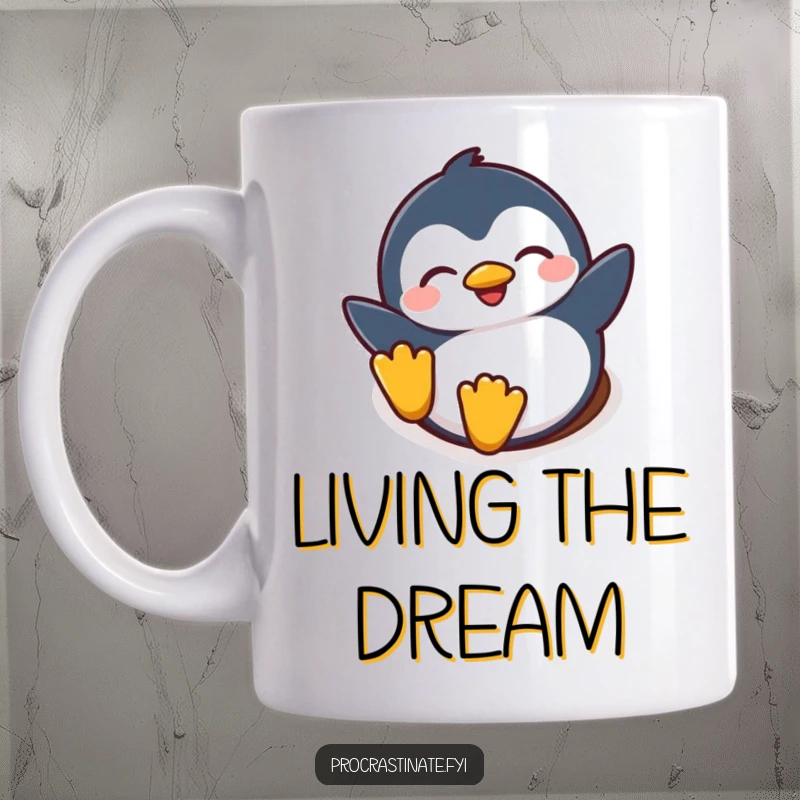 Funny mug with a joyful penguin character closing its eyes while happily sliding down a soft, snowy hill, pure exhilaration.