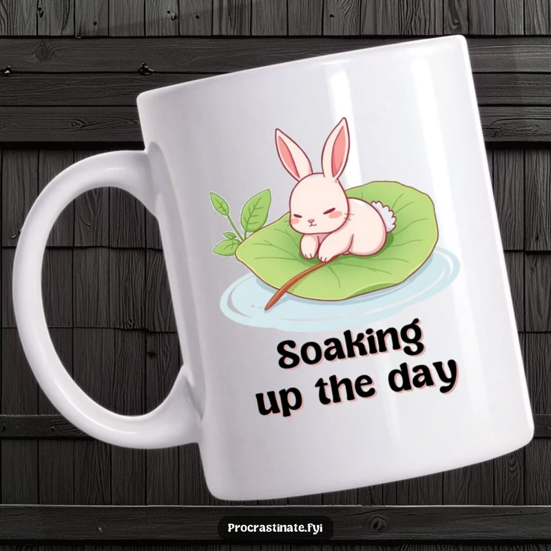 Funny rabbit mug showing a languid rabbit floating on a giant leaf in a calm pool, a peaceful and humorous design.