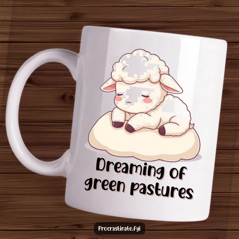 Funny sheep mug showing a calm ewe resting its head on a soft blanket, embodying peace and gentle humor.