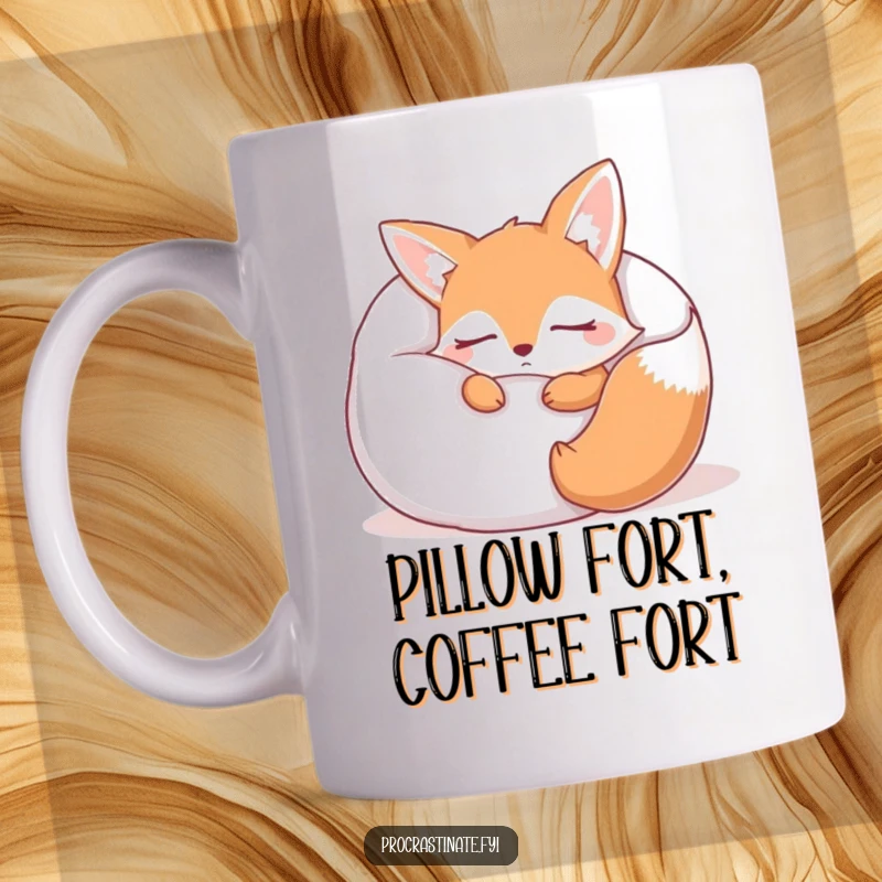 Funny sleepy fox mug with closed eyes, snuggled deep inside a giant, fluffy pillow, embodying ultimate relaxation and comfort.