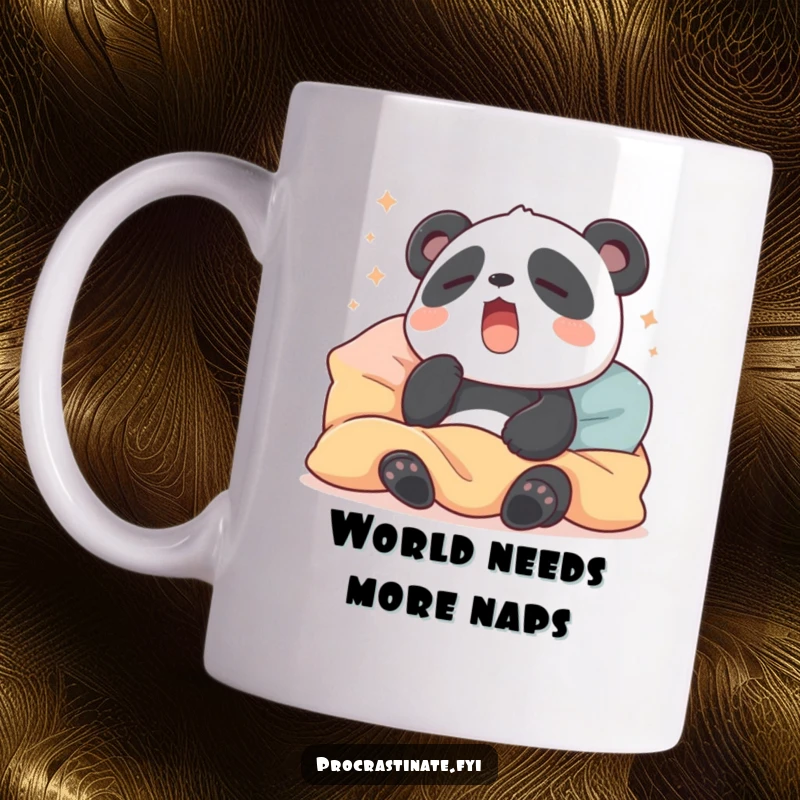 Funny mug with a sleepy panda yawning wide, surrounded by soft pillows and blankets, embodying ultimate comfort and relaxation.