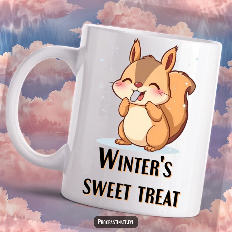 Funny Squirrel Mug: Joyful animal catching snowflakes with its tongue, winter magic, cute and funny gift.