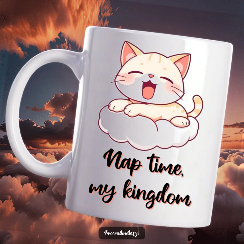 Funny yawning cat mug showing an adorable, kawaii cat stretched out on a cloud, letting out a big, sleepy yawn with cartoon charm.