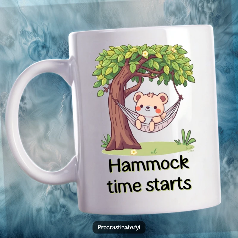 Funny mug showing a playful animal character lazily swinging on a hammock strung between two trees, embodying ultimate relaxation.