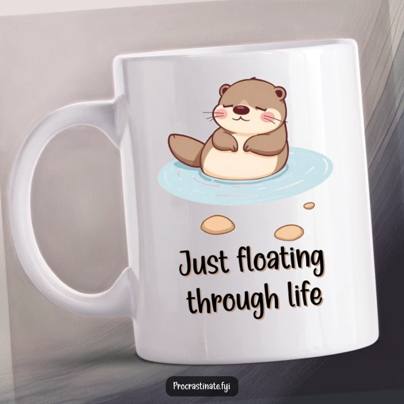 Funny otter floating peacefully on its back in a calm stream, looking utterly relaxed and happy on this delightful mug.