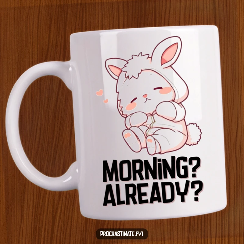 Funny bunny in pajamas stretching lazily with a contented sigh on a mug, perfect for your morning coffee.