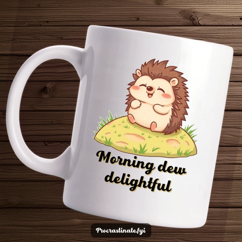Funny mug featuring a joyful hedgehog rolling slowly and relaxed down a small grassy hill, embodying pure happiness.