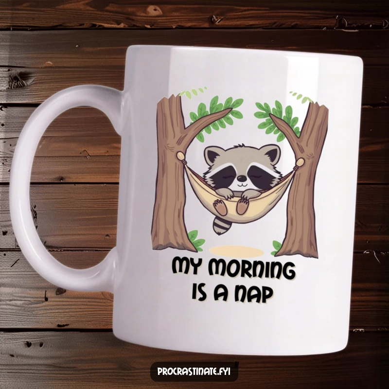 Funny happy raccoon deeply asleep in a cozy hammock strung between two trees, looking utterly content on this mug.
