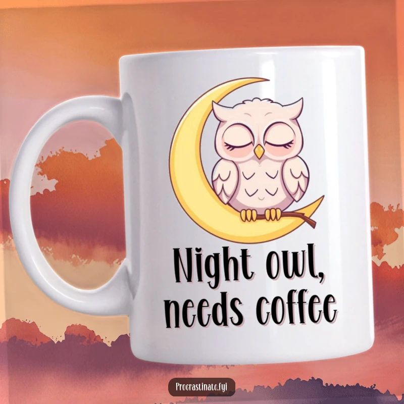 Funny sleepy owl perched on a glowing crescent moon, gently nodding off with half-closed eyes on this charming mug.