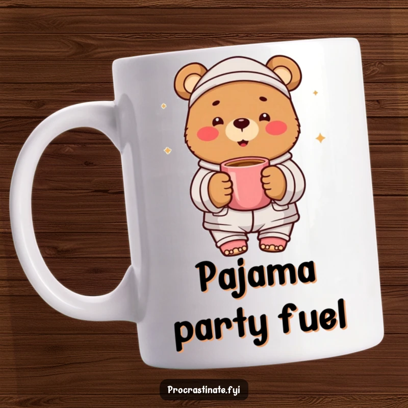 Funny cheerful bear mug featuring a bear in pajamas holding a steaming mug, radiating morning joy. Perfect for cozy sips.