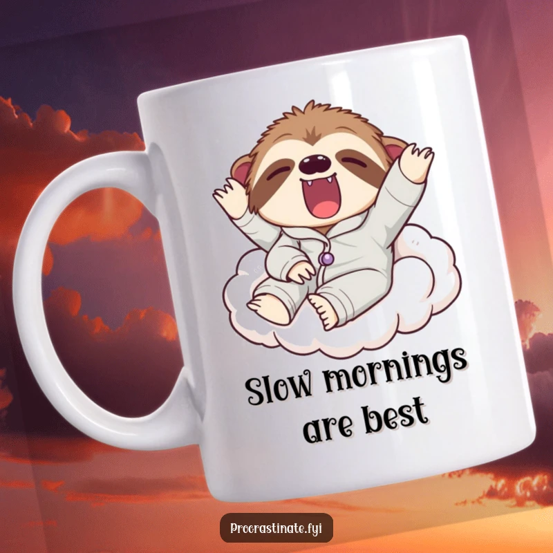 Funny mug featuring a lazy sloth in pajamas yawning widely on a comfy cloud, embodying ultimate relaxation and humor, a perfect gift.