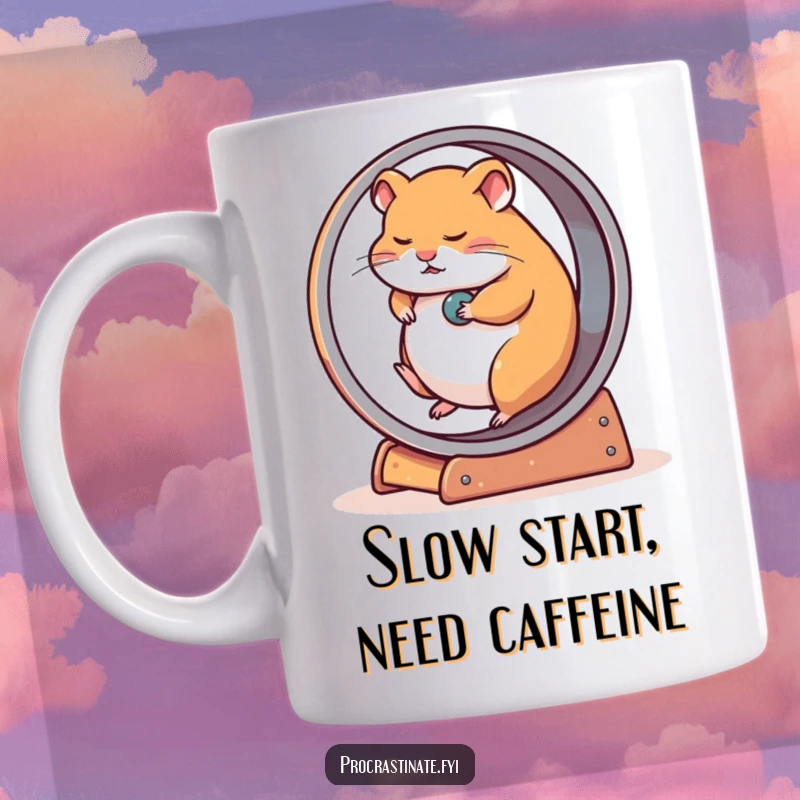 Funny mug featuring a tired hamster slowly rolling on an oversized wheel, embodying exhaustion and minimal effort, relatable humor.