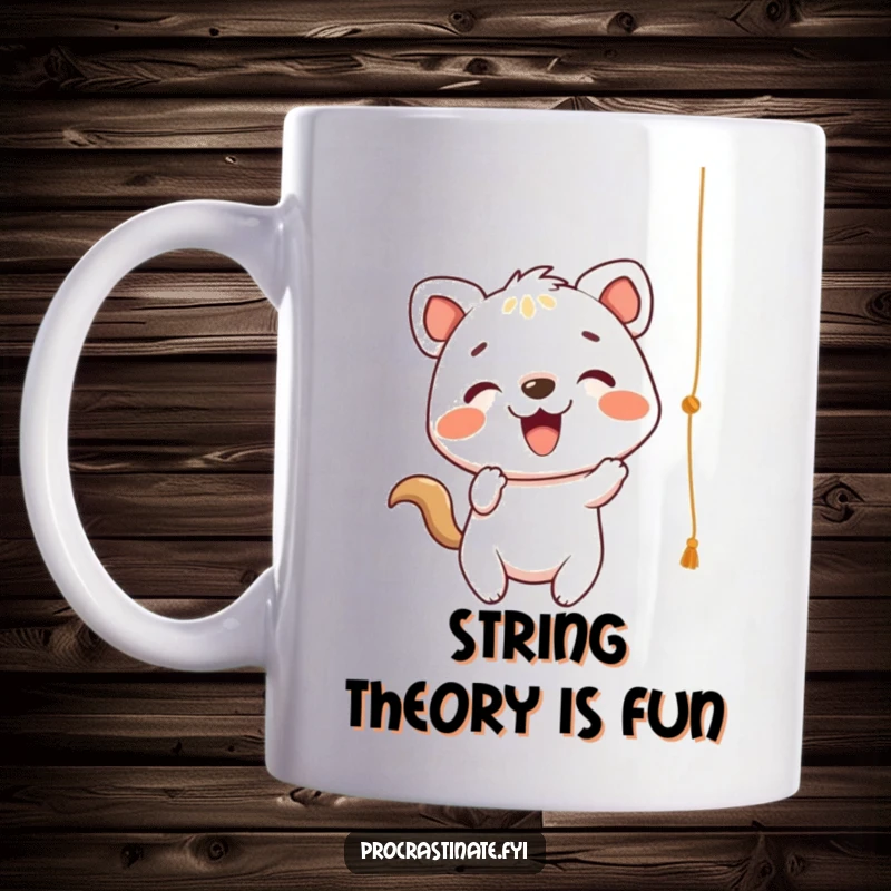Funny Mug featuring a cheerful animal character playfully and enthusiastically batting at a dangling string, showcasing pure joy.