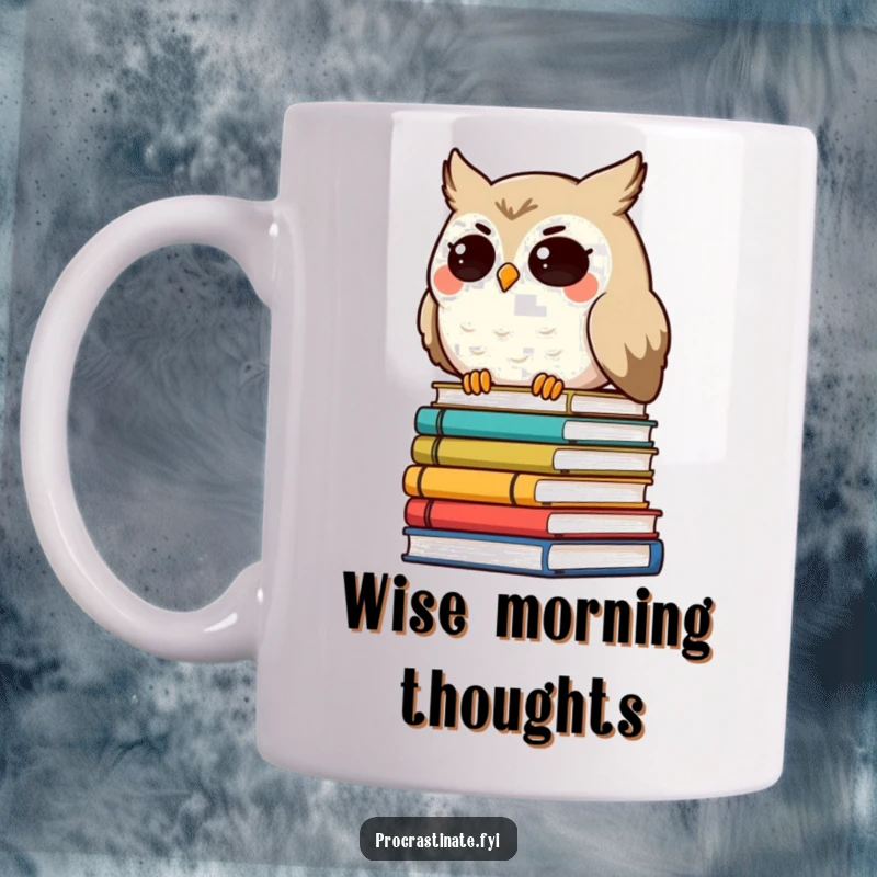 Funny smiling owl character with droopy eyes, leaning on a tilted stack of books, a wise and funny mug for bookworms.