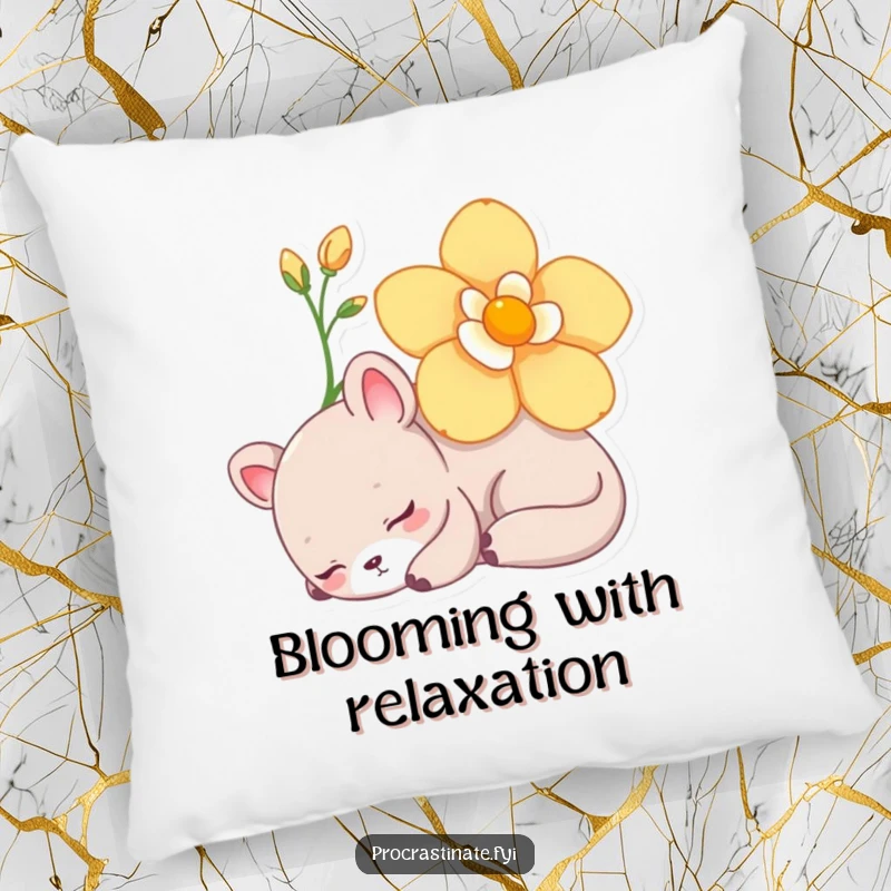 Funny Pillow with a lazy animal character napping peacefully under a blooming flower, providing soft, comforting relaxation.