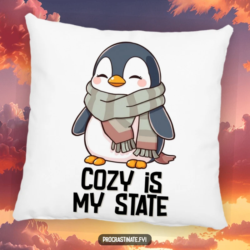 Funny penguin pillow featuring a relaxed penguin bundled in a warm scarf, providing comfort and a touch of playful winter humor.