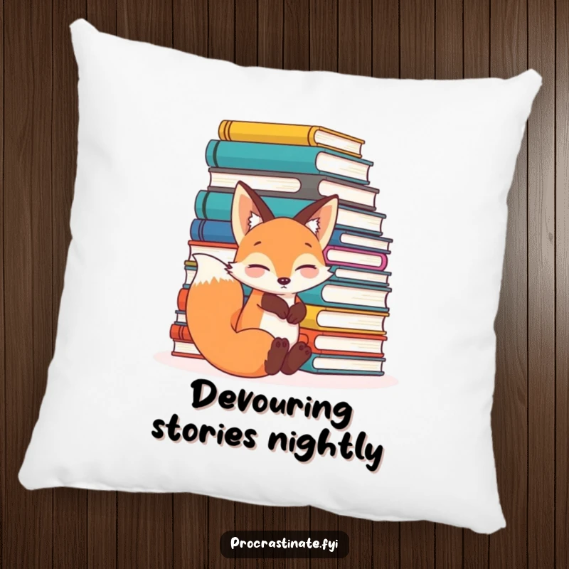 Funny relaxed fox leaning comfortably against a huge pile of books, looking content and scholarly on this soft decorative pillow.