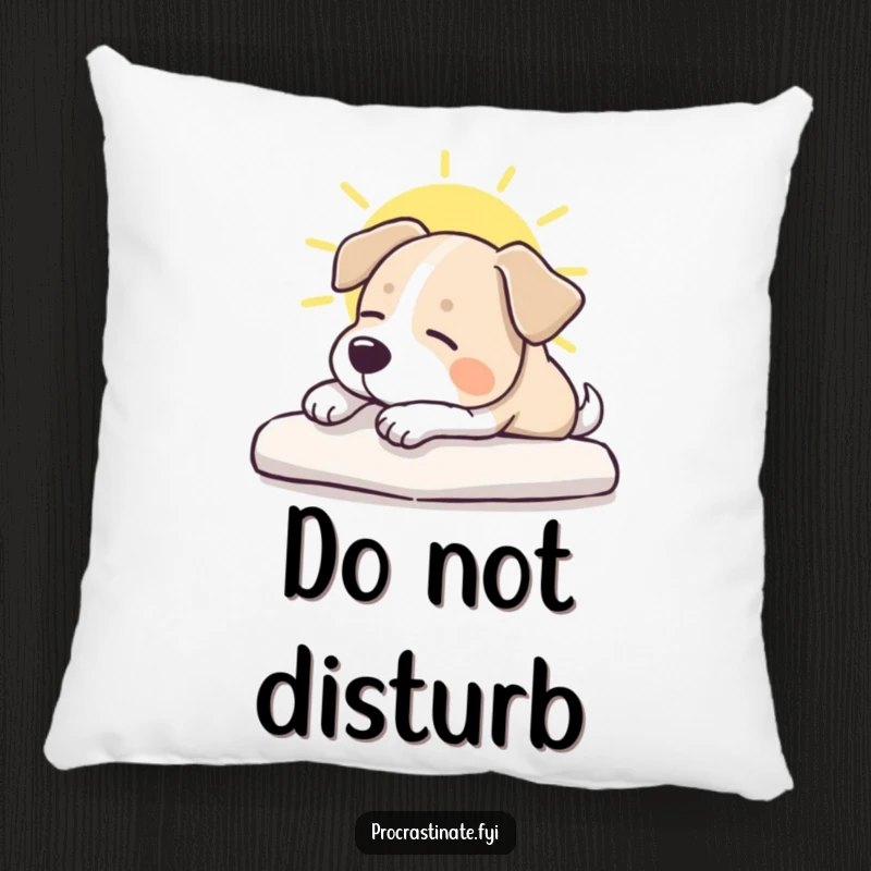 Funny dog pillow showing a relaxed dog stretching in a bright sunbeam, offering comfort and a hint of playful humor.