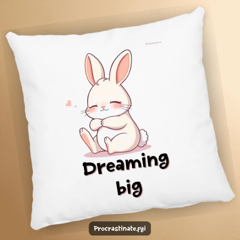 Funny sleepy bunny doing a peaceful stretch, embodying ultimate comfort and relaxation on a decorative pillow.