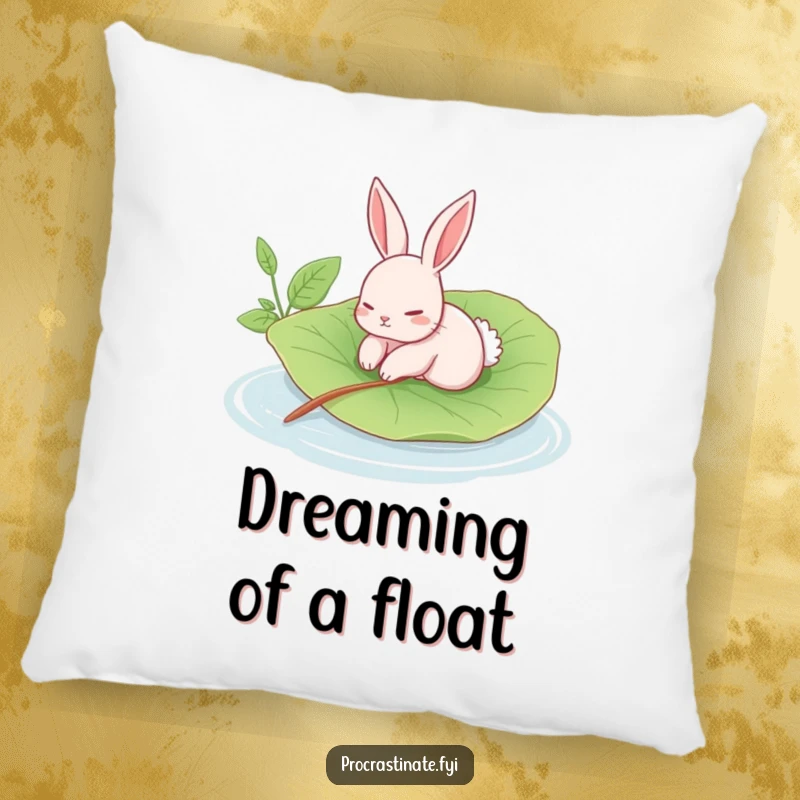 Funny rabbit pillow with a languid rabbit floating on a giant leaf in a calm pool, a comfortable and humorous decor item.