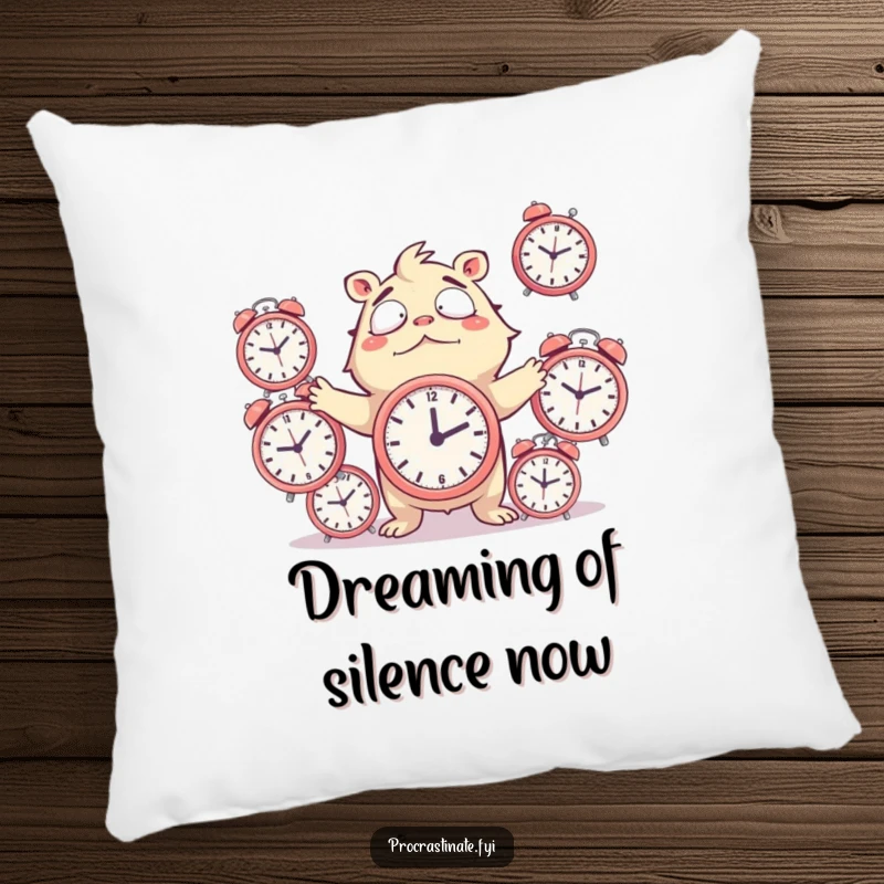 Funny Pillow featuring a creature hilariously juggling ticking alarm clocks, offering comfort with a dose of relatable stress.