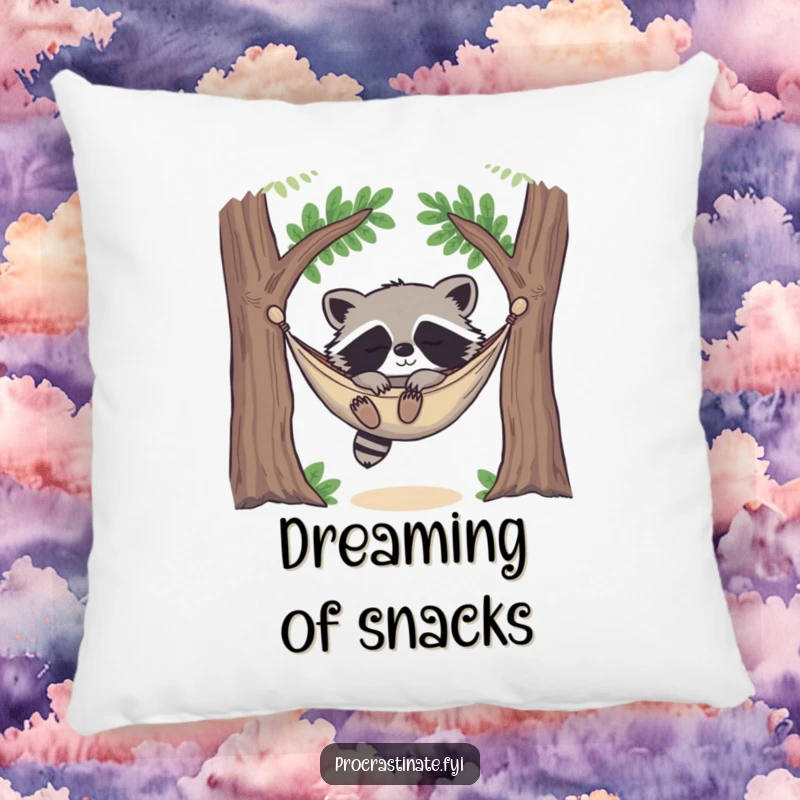 Funny happy raccoon deeply asleep in a cozy hammock strung between two trees, looking utterly content on this soft decorative pillow.
